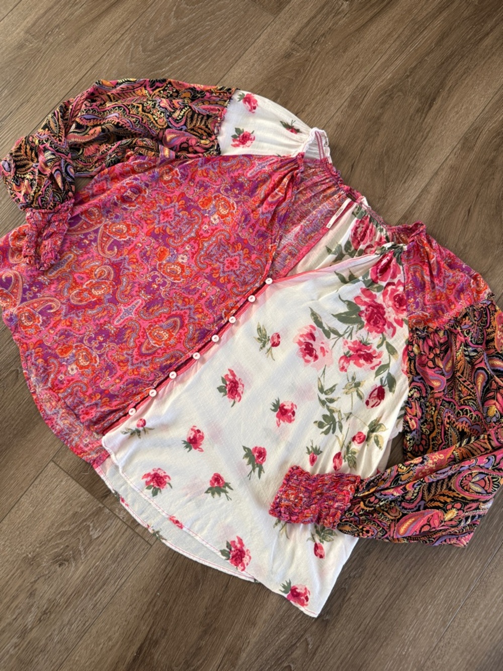 Free People Gemini Blouse Boho XS Pink Paisley Floral Long‎ Sleeve Top